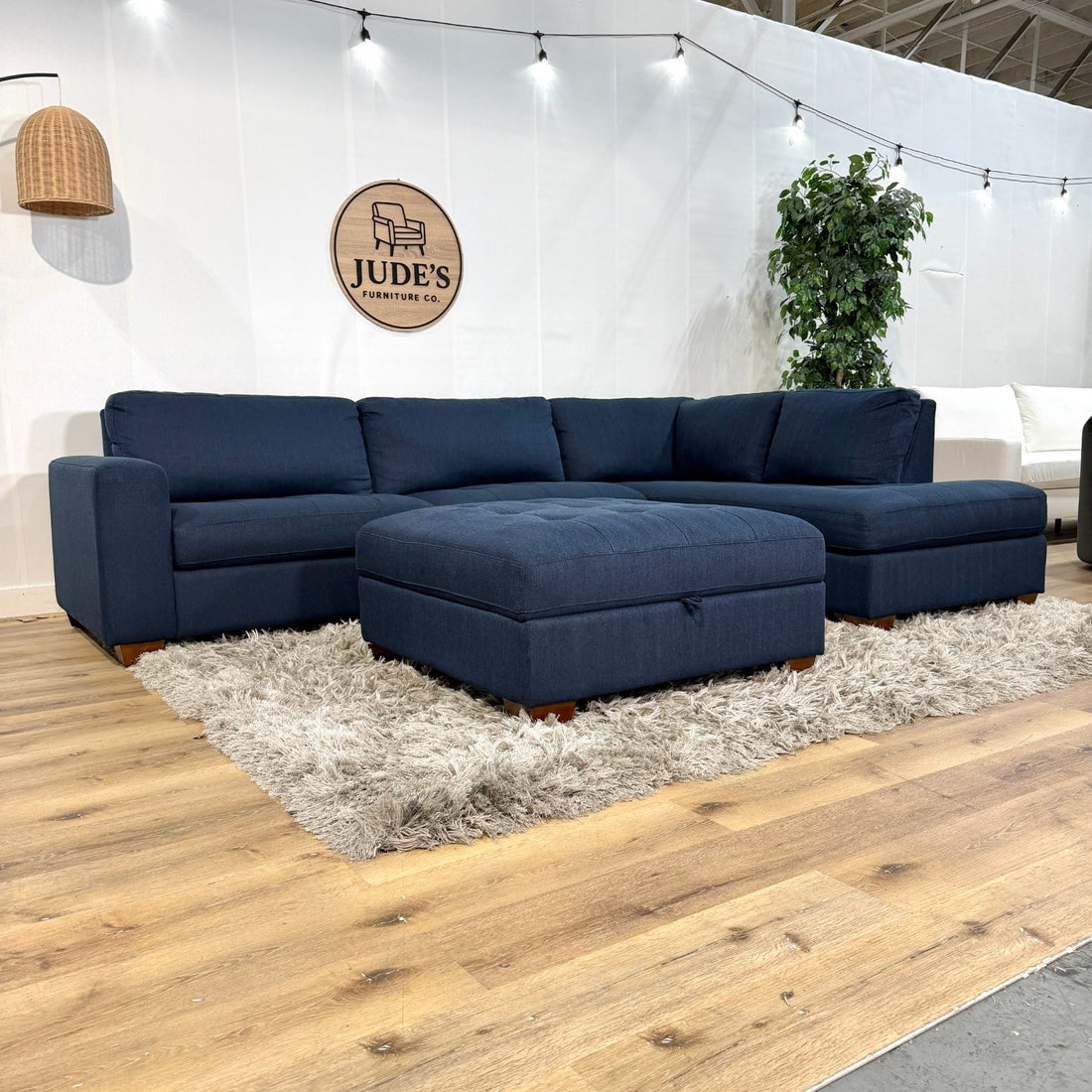 Miles Fabric Sectional with Ottoman, Navy Blue